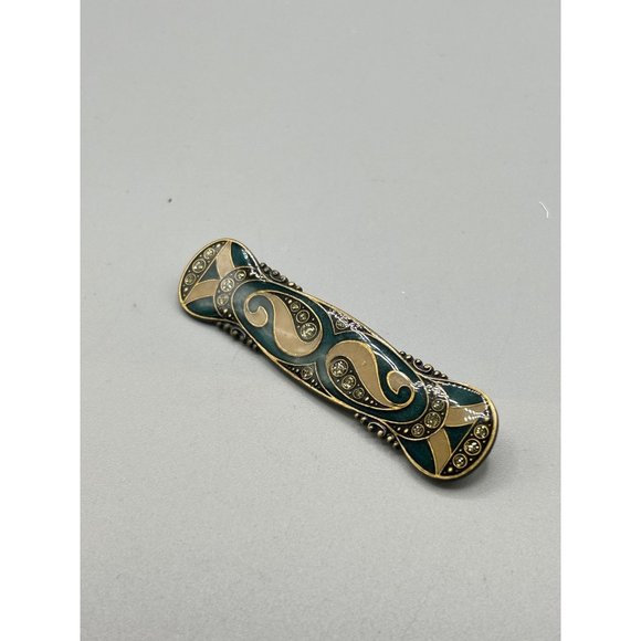 Vtg Pierre Bex Style Pin Brooch Art Deco Inspired Black Gold Tone w Rhinestones - Picture 2 of 7